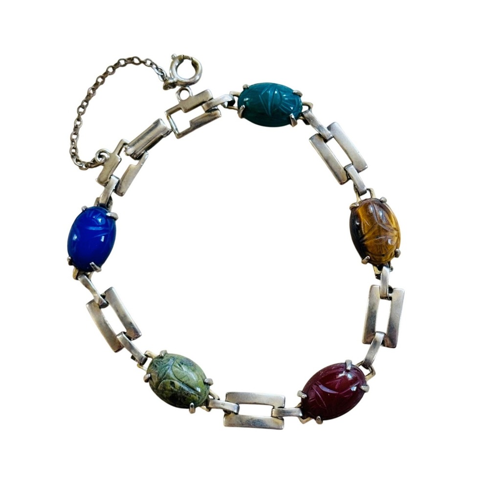 Scarab Cabochon Bracelet VtG Lapis Tigers Eye Carved Egyptian Link Retro 70s 8"